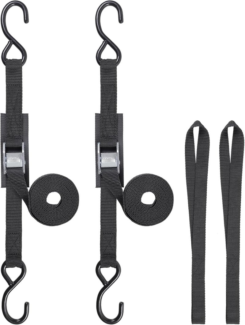 EXVITAL Tie Down Straps with Hook Cam Buckle Straps 1" x 8’ 1200lbs Break Strenght with Extra Soft Loops for Motorcycle, Kayak, ATVs, Dirt Bike, Truck, Car Black 2 Pack - Image 1